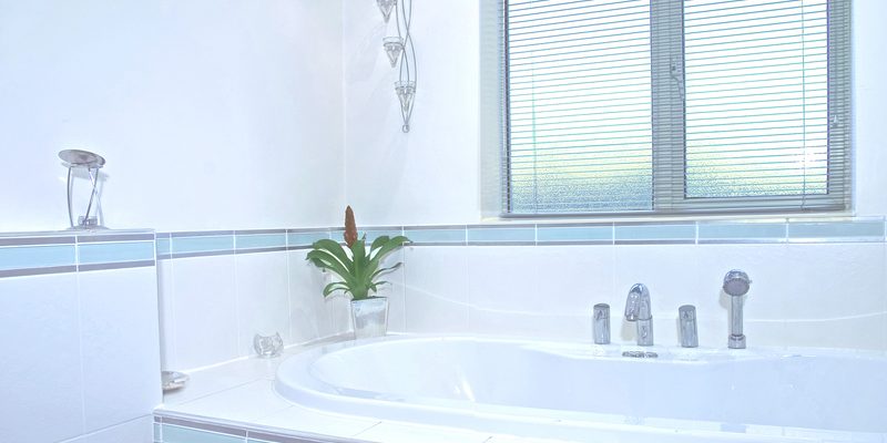 Clean white bathroom. Bath tub with plants around it